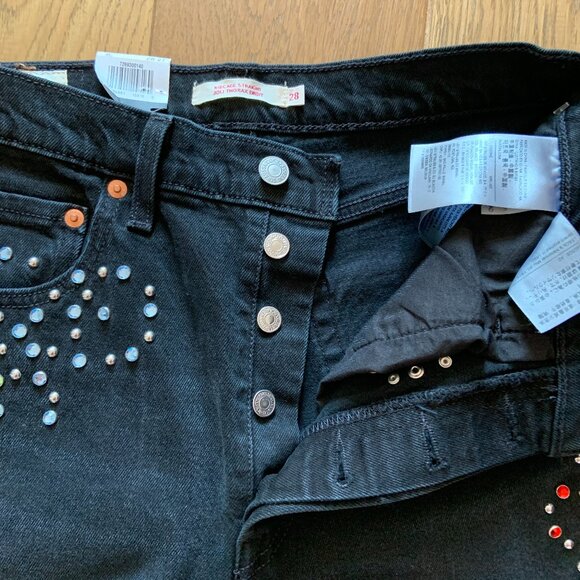 Levis Ribcage Straight Leg Embelliished Bejewelled High Rise Black Jeans Size 28 - Picture 9 of 15